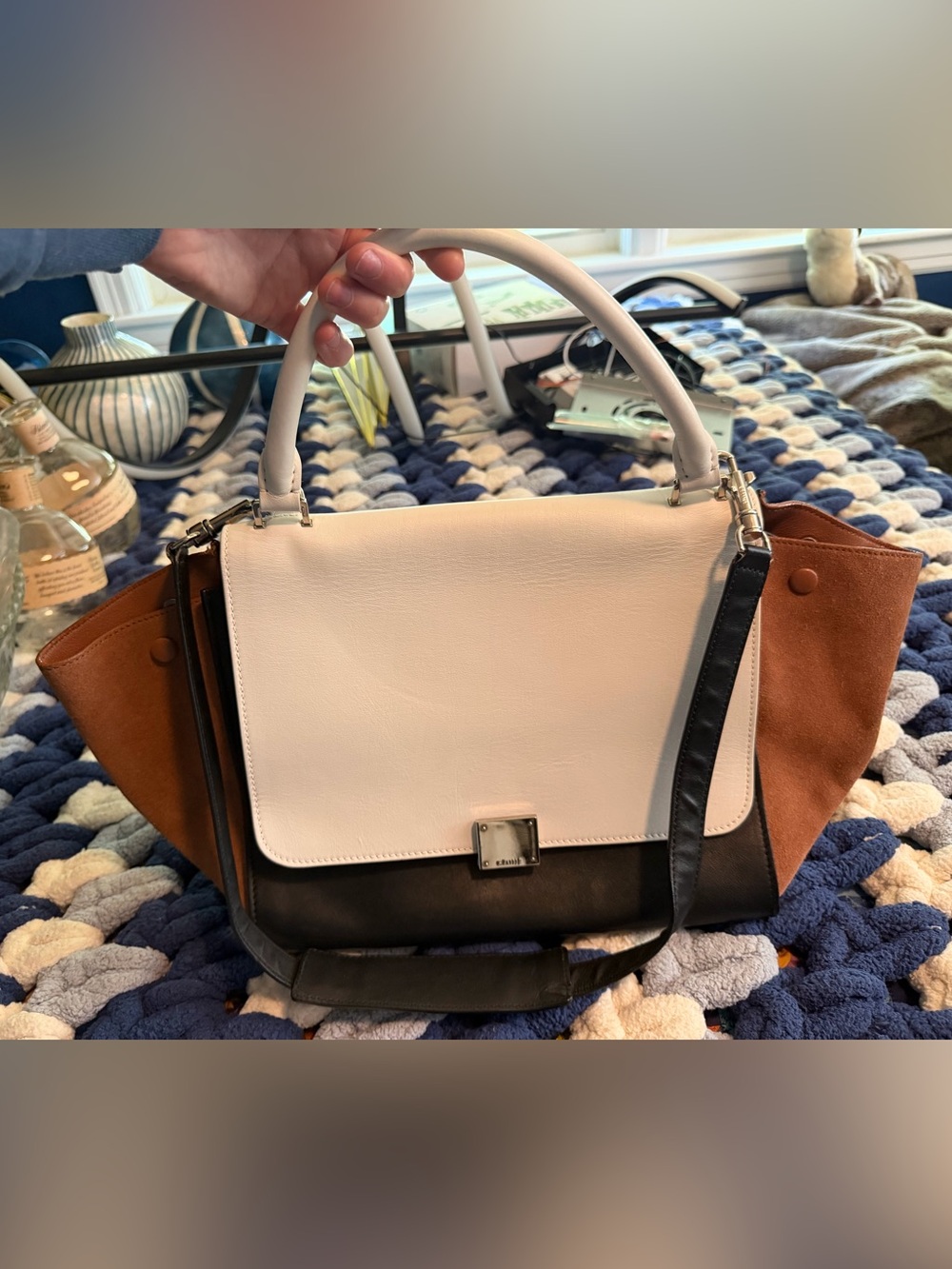 Celine Two-Tone Top Handle Tote in White, Black and Brown Suede